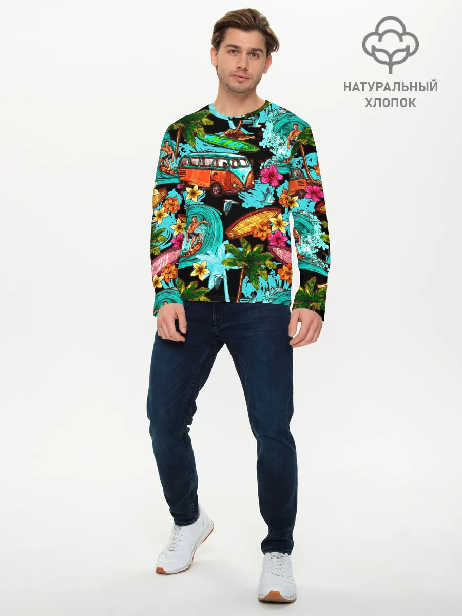 Мужской лонгслив базовый / Пальмы, волны, серфинг