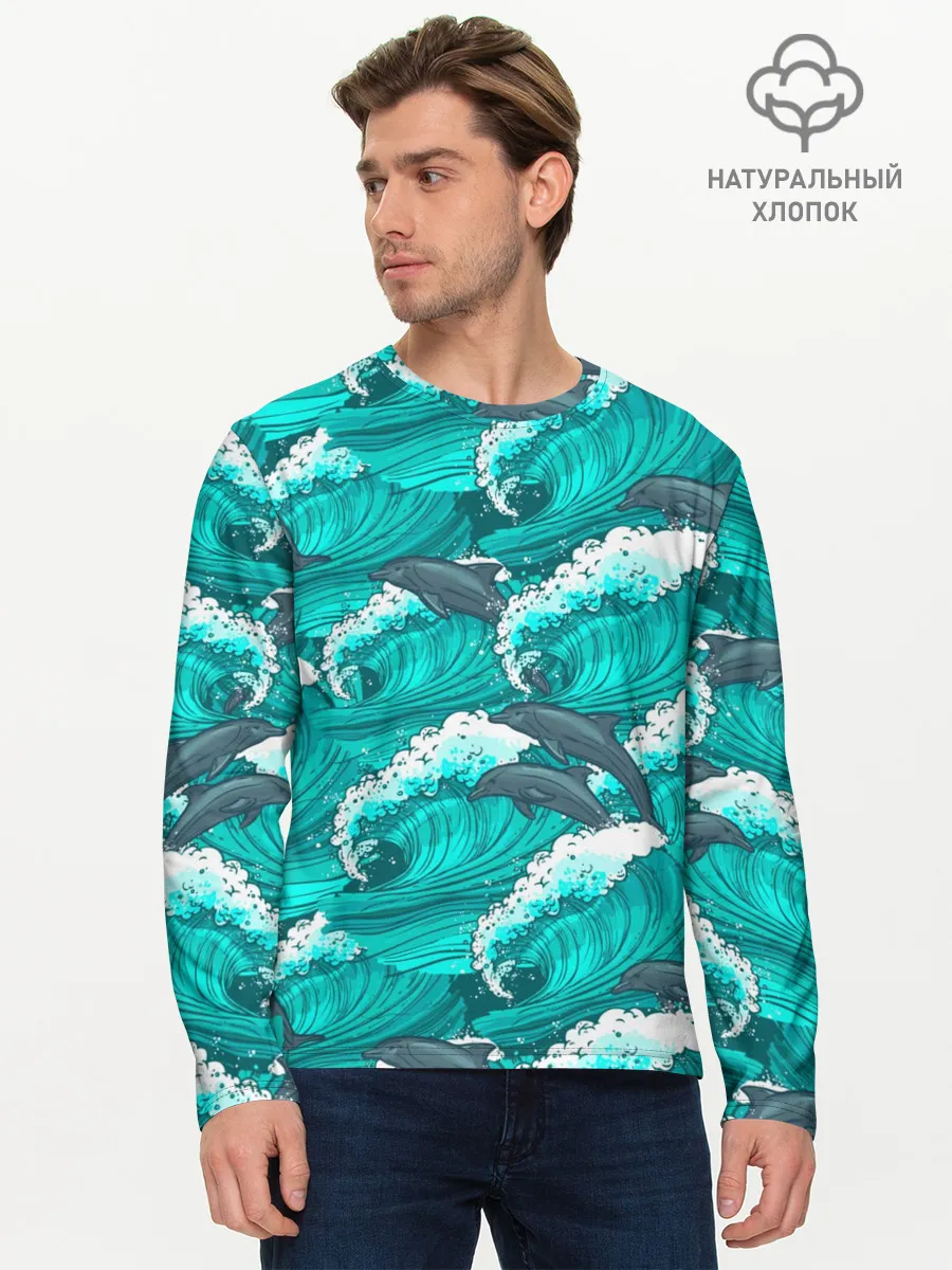 Мужской лонгслив базовый / Дельфины в море