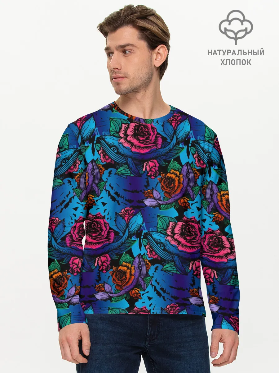 Мужской лонгслив базовый / Киты и цветы