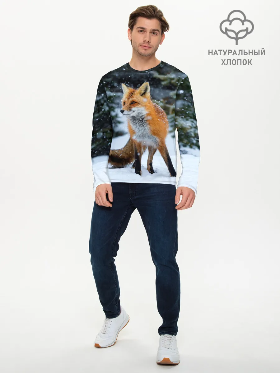 Мужской лонгслив базовый / Лиса в зимнем лесу