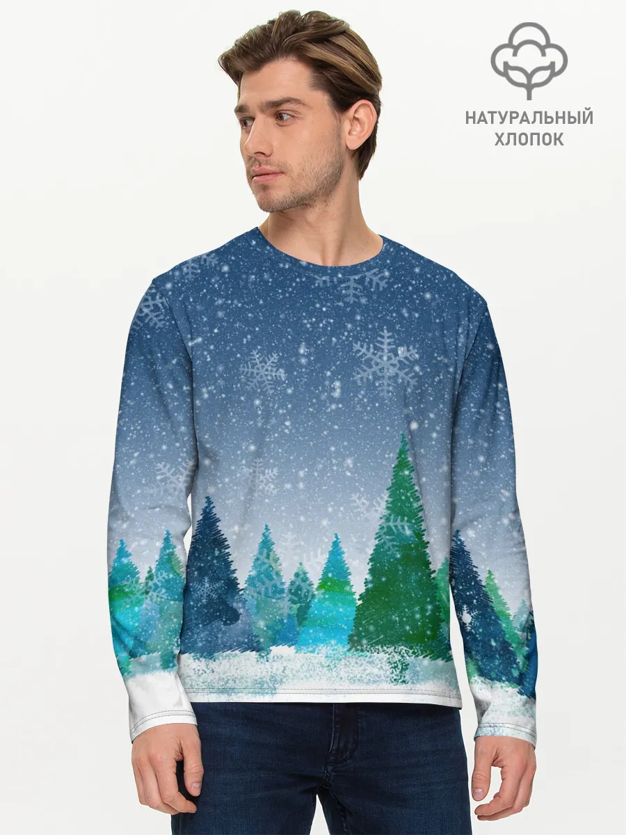Мужской лонгслив базовый / Снежинки в лесу