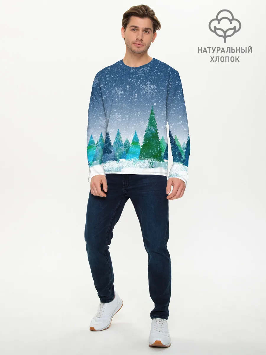 Мужской лонгслив базовый / Снежинки в лесу