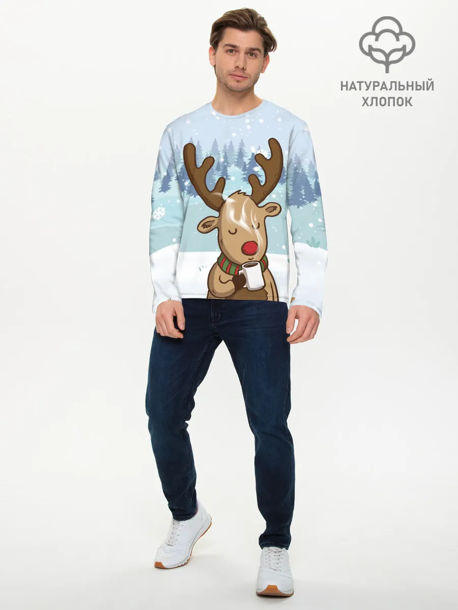 Мужской лонгслив базовый / Олень с кружкой