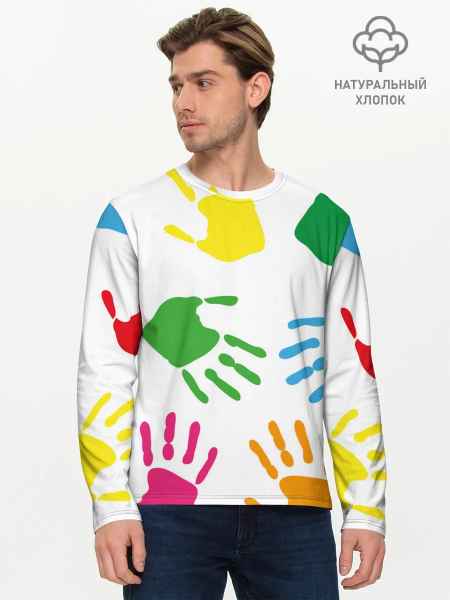 Мужской лонгслив базовый / Цветные ладошки - Детский узор
