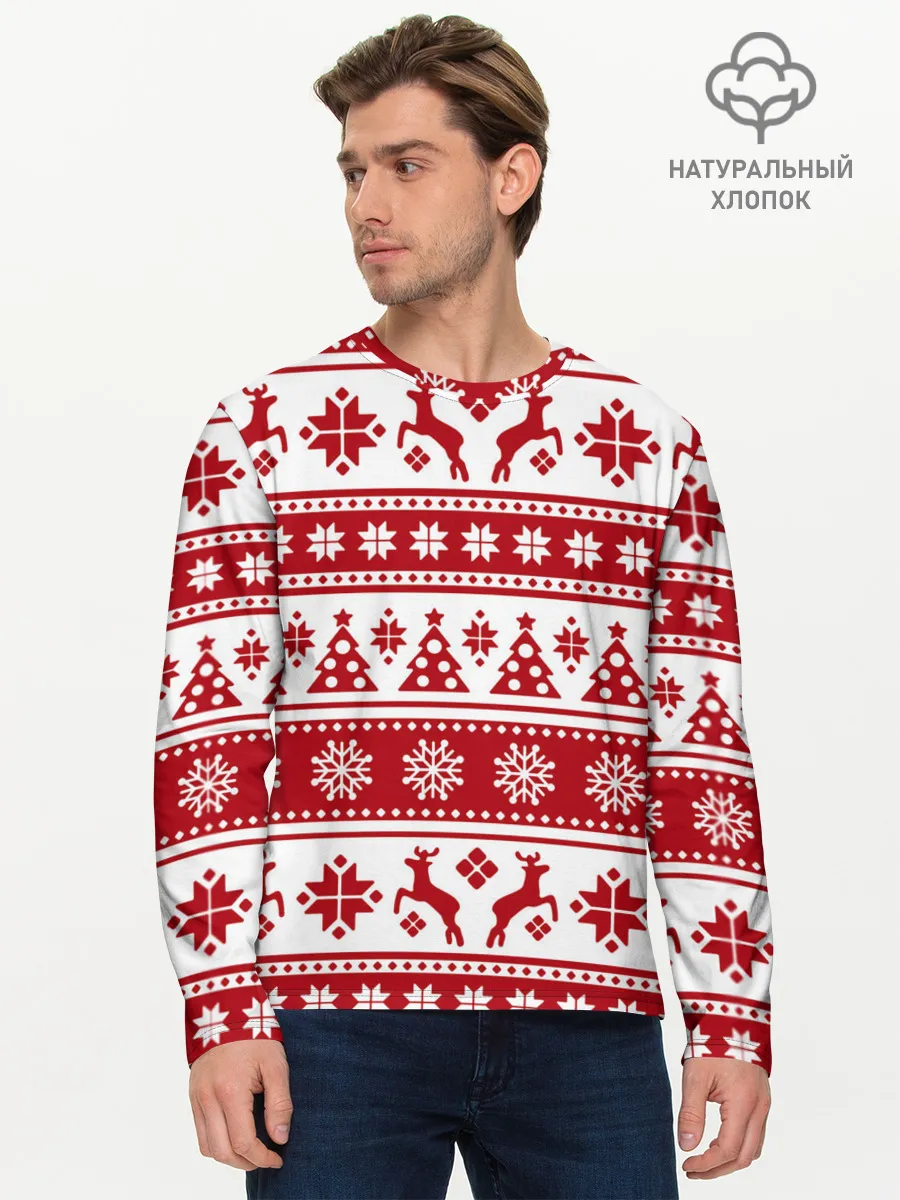 Мужской лонгслив базовый / Новый Год | Олени и снежинки