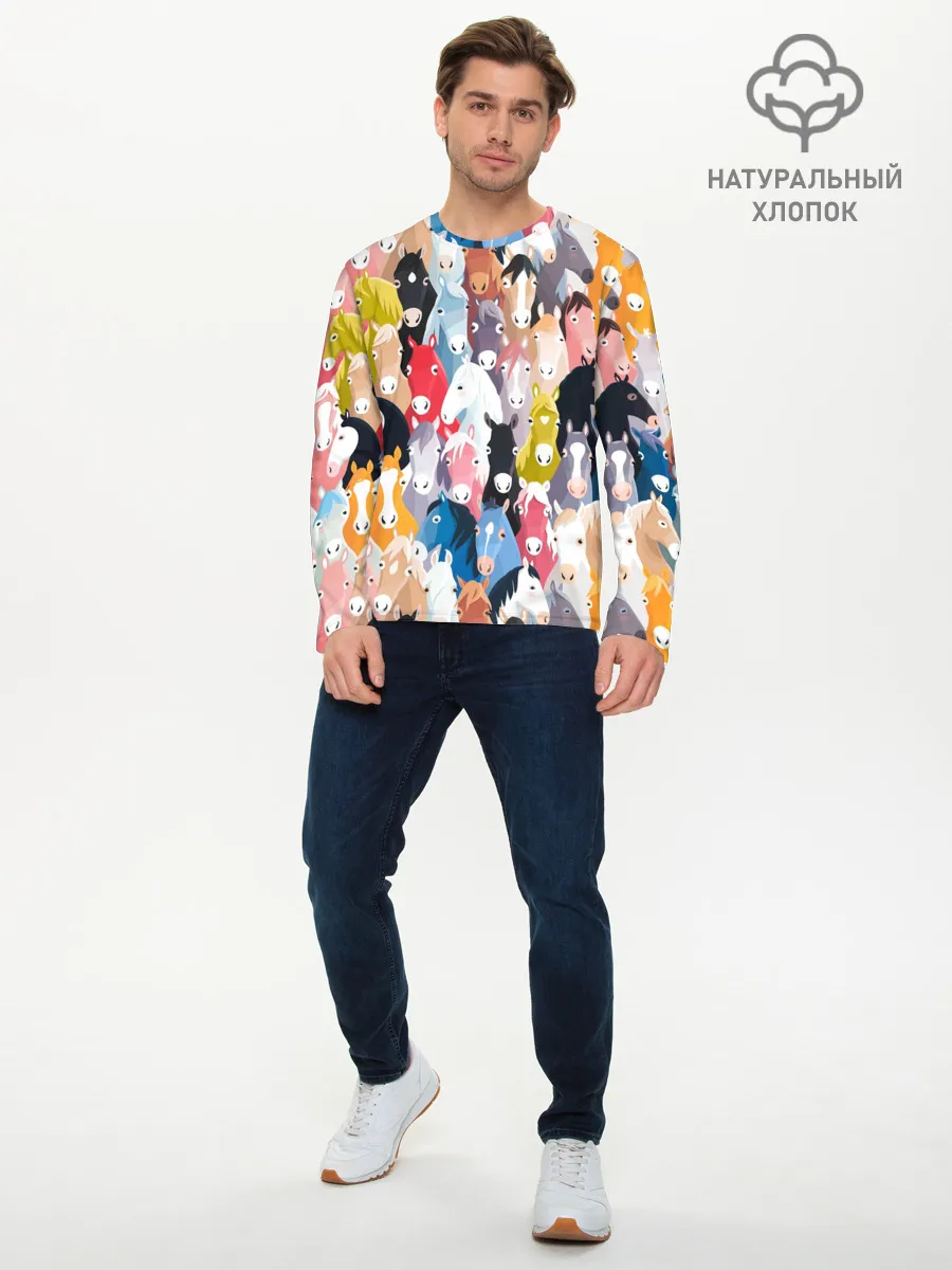 Мужской лонгслив базовый / цветные лошади