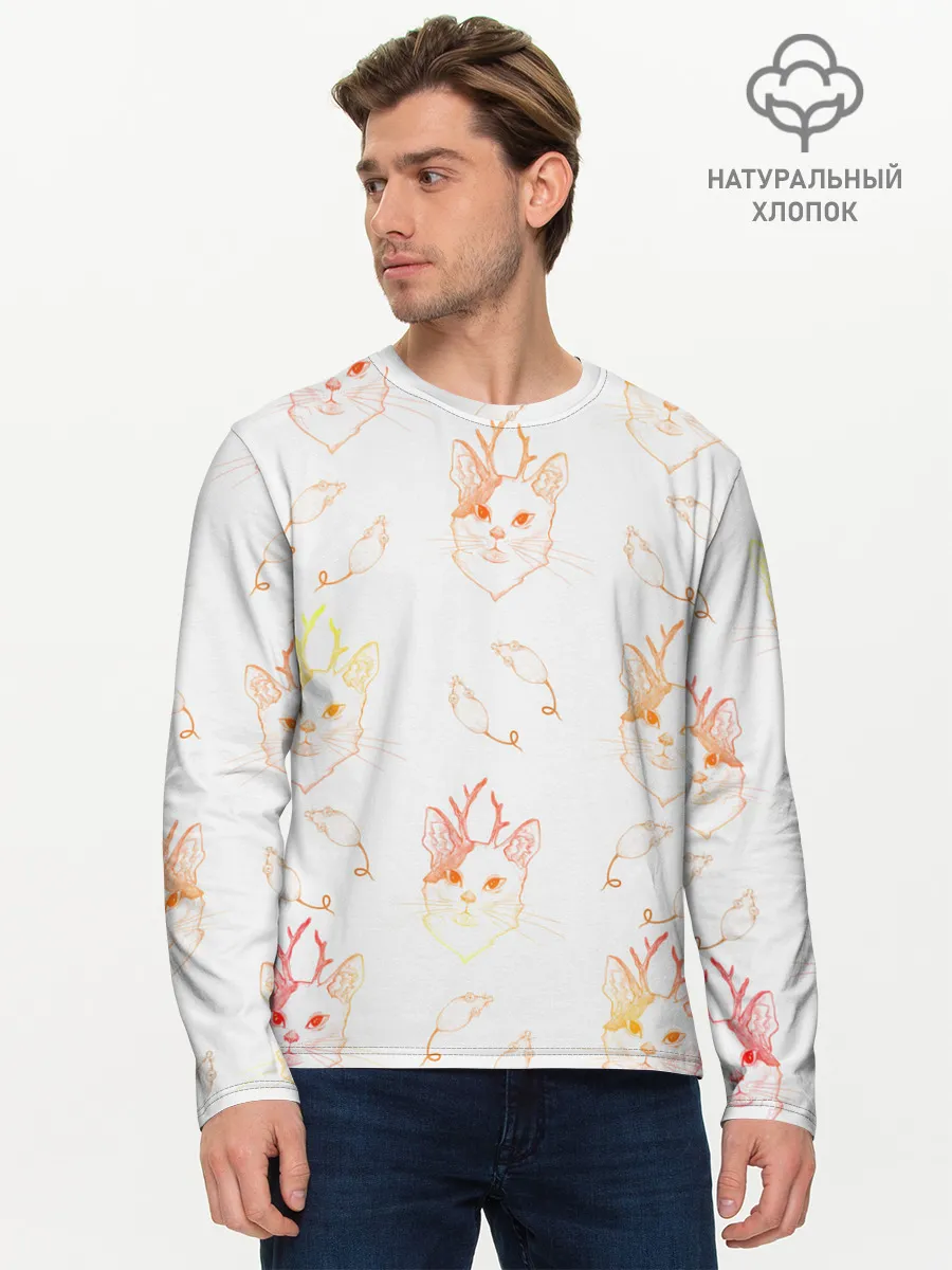 Мужской лонгслив базовый / Рогатая кошка с мышами