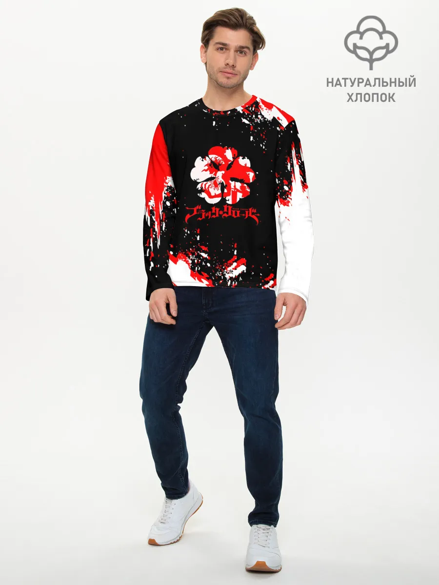 Мужской лонгслив базовый / Черный Клевер с ярким красным куском
