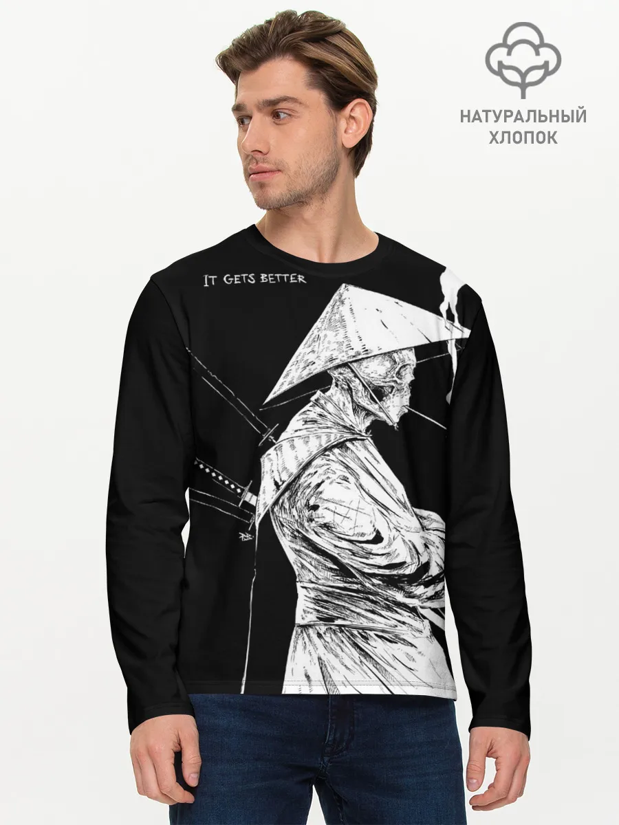 Мужской лонгслив базовый / Самурай скелет с трубкой