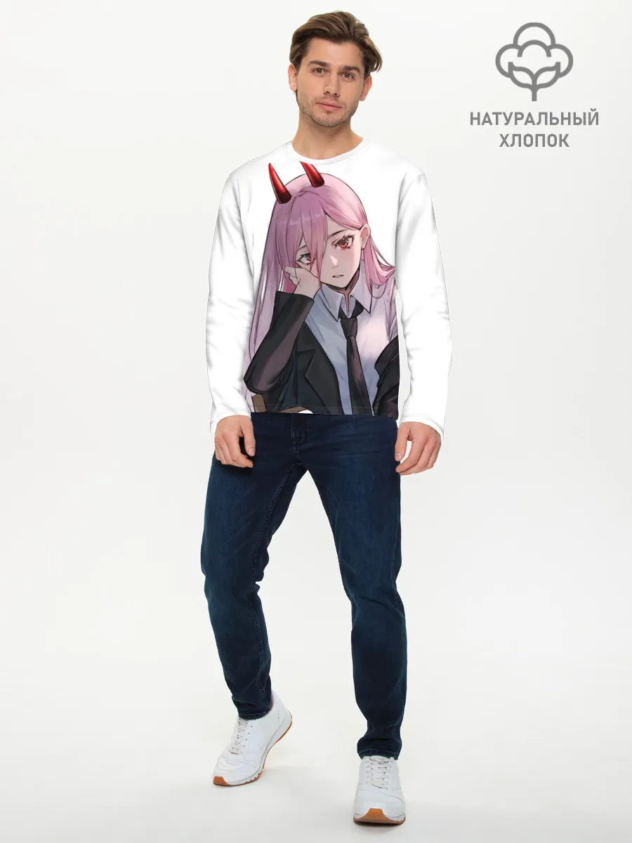 Мужской лонгслив базовый / Пауэр скучает на белом фоне