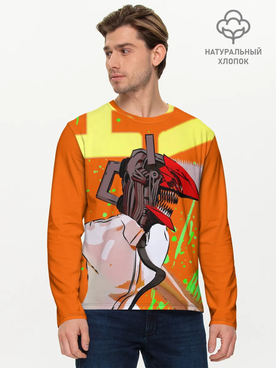 Мужской лонгслив базовый / Человек-Бензопила на голубом фоне
