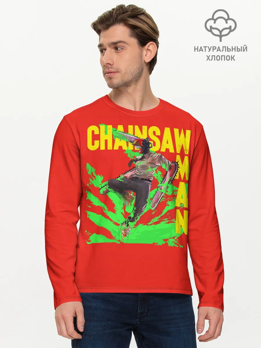 Мужской лонгслив базовый / Человек-Бензопила с логотипом на красном