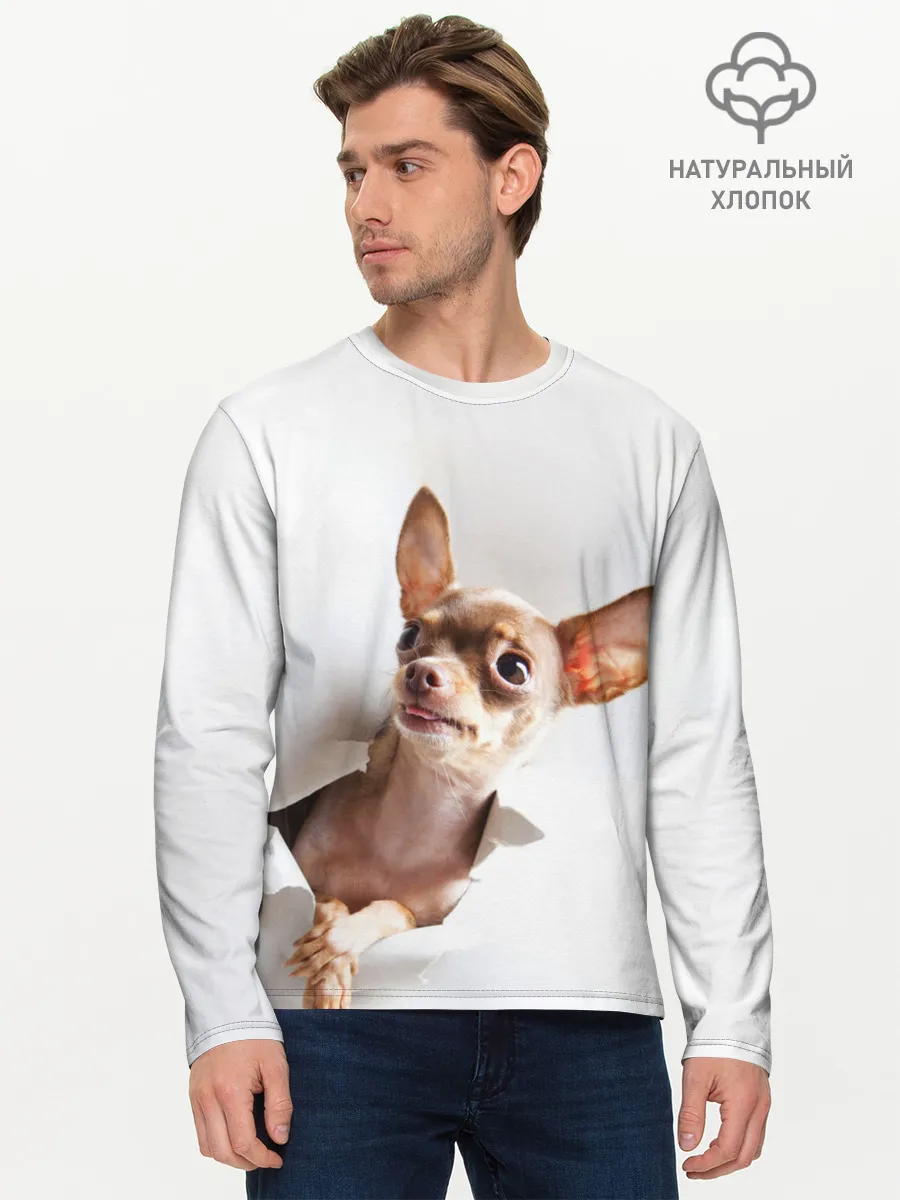 Мужской лонгслив базовый / Чихуахуа из бумаги вылазит