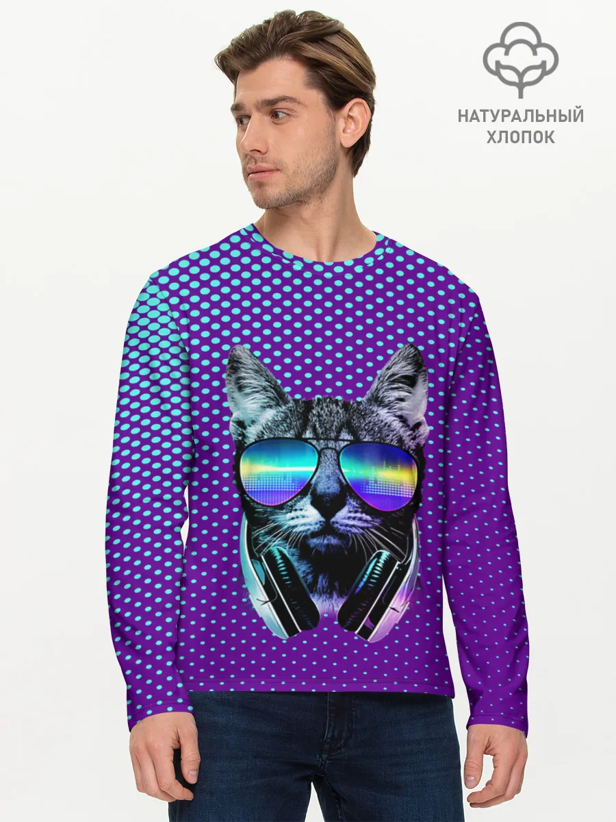 Мужской лонгслив базовый / Кот очки наушники модный