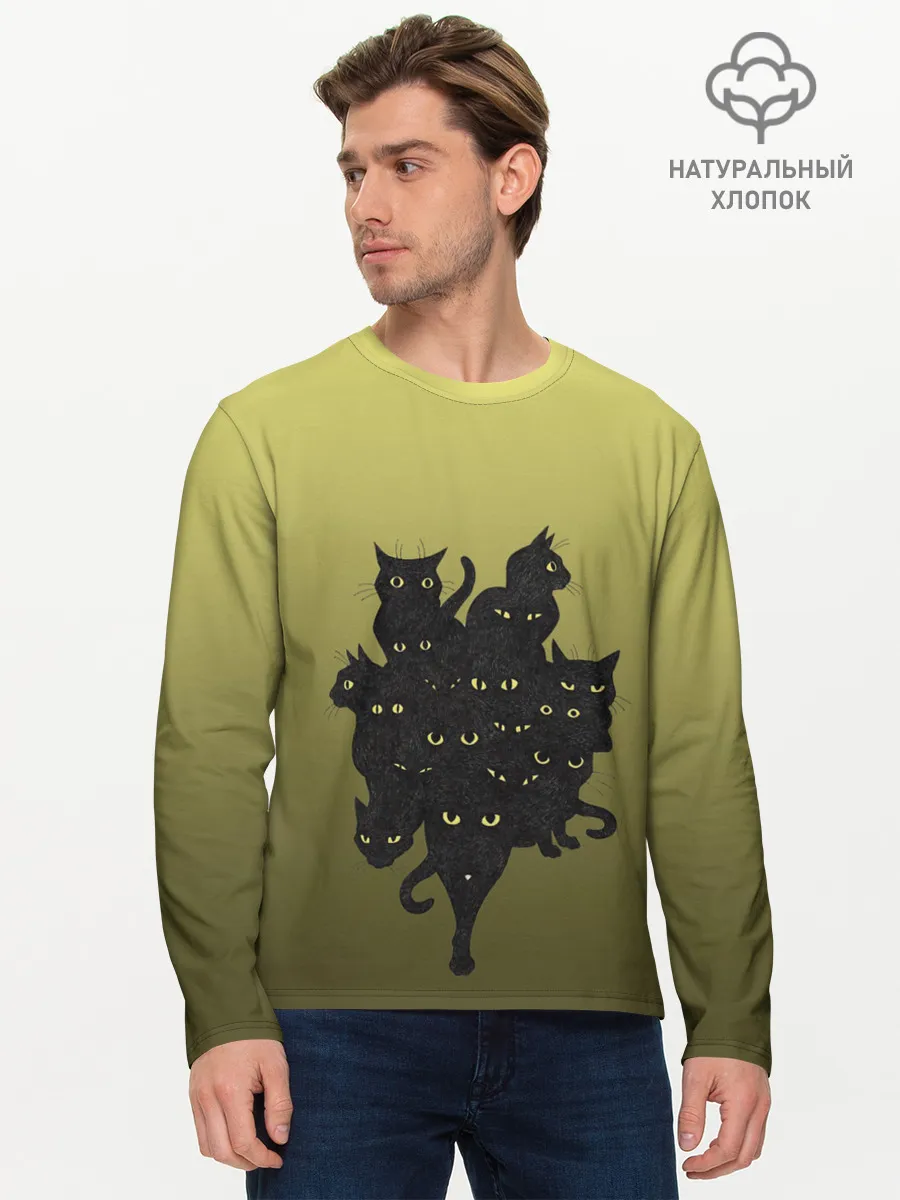 Мужской лонгслив базовый / много черных котов