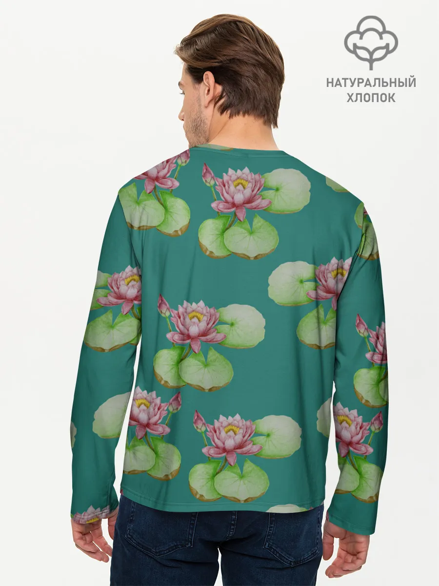 Мужской лонгслив базовый / Лотосы на темно бирюзовом фоне