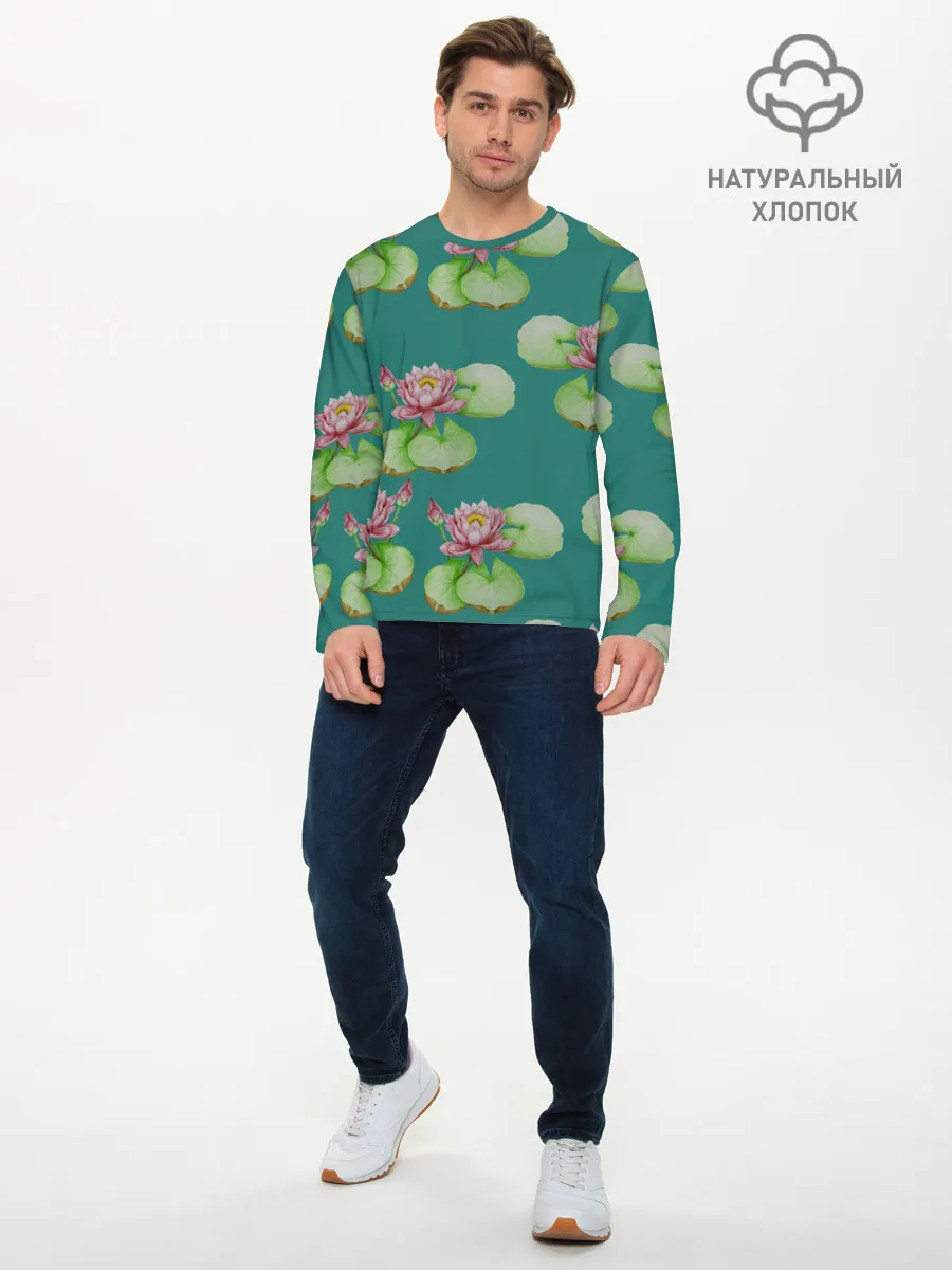 Мужской лонгслив базовый / Лотосы на темно бирюзовом фоне