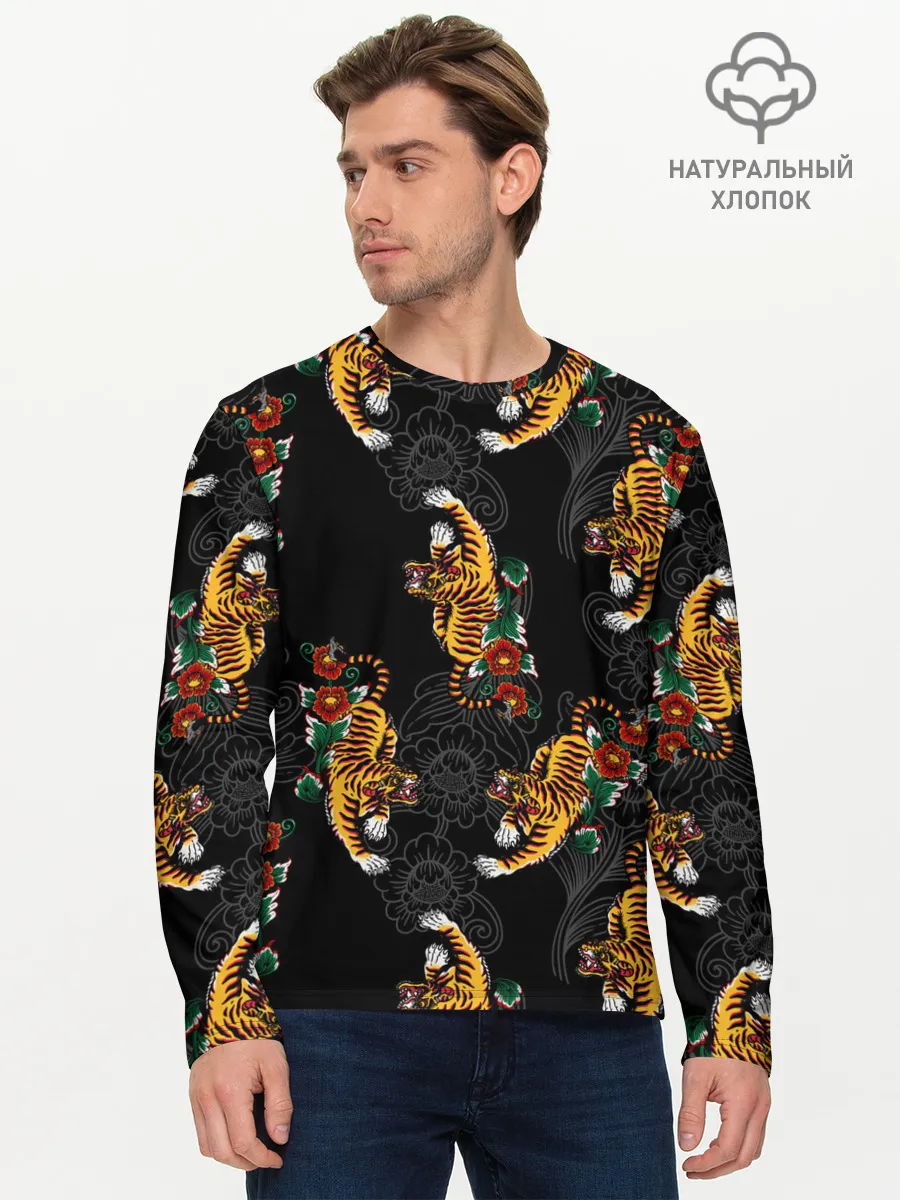 Мужской лонгслив базовый / Японский стиль - тигры