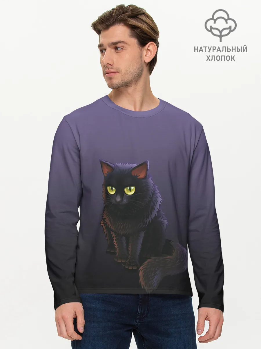 Мужской лонгслив базовый / черный кот на фиолетовом