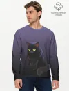 Мужской лонгслив базовый / черный кот на фиолетовом