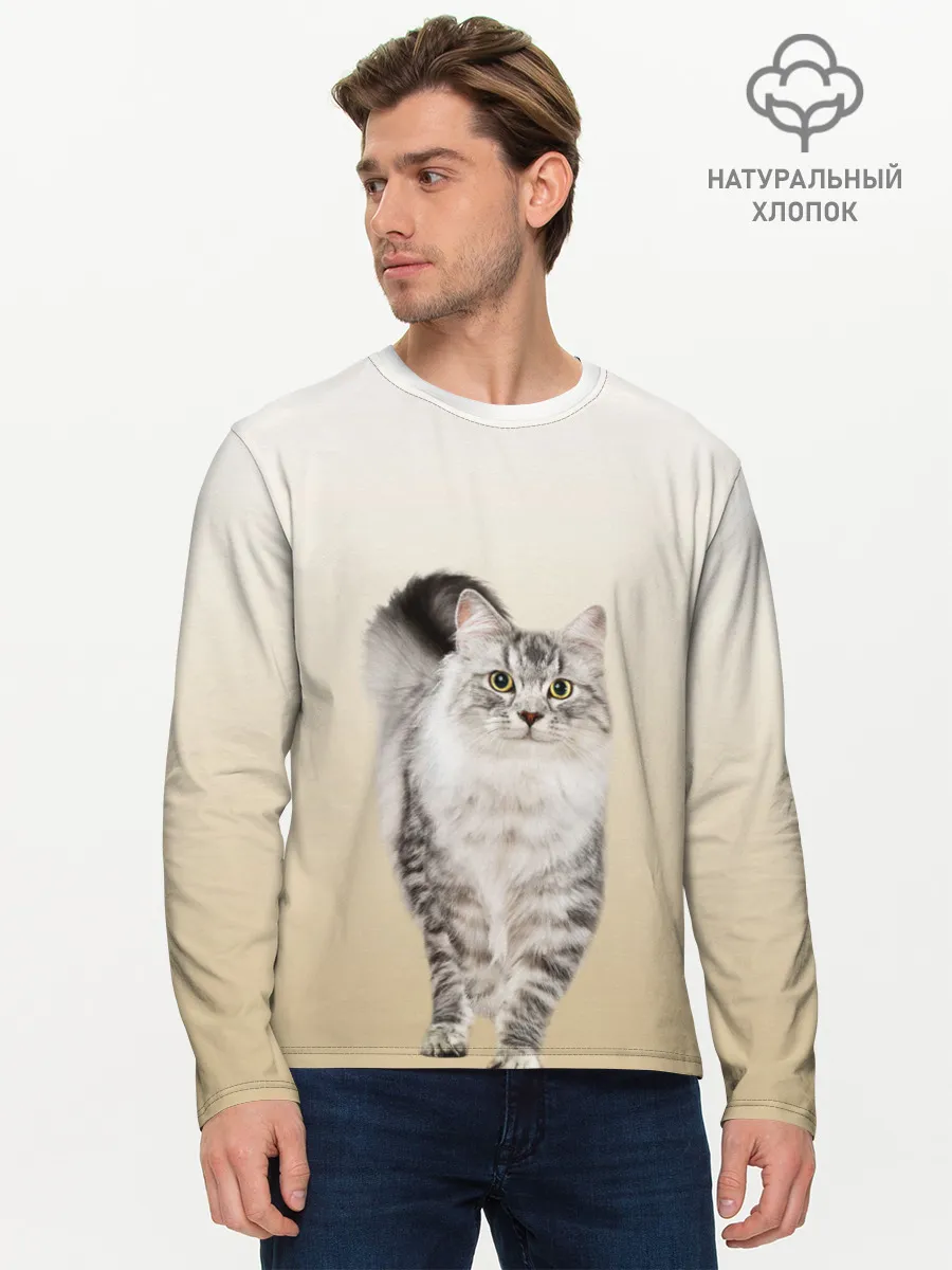 Мужской лонгслив базовый / Пушистый котик реалистичный
