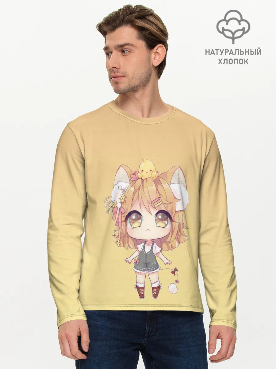 Мужской лонгслив базовый / малышка чиби и цыпленок