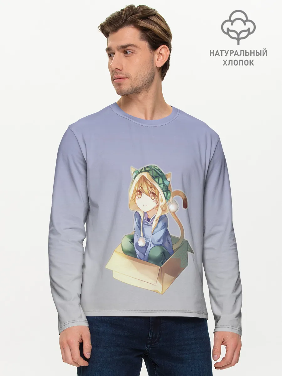 Мужской лонгслив базовый / мальчик кот в коробке уши мяу