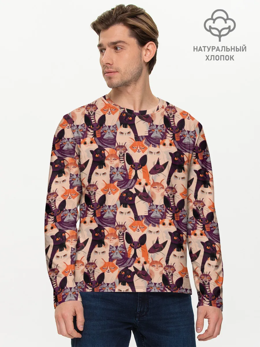 Мужской лонгслив базовый / Мемные Коты Паттерн