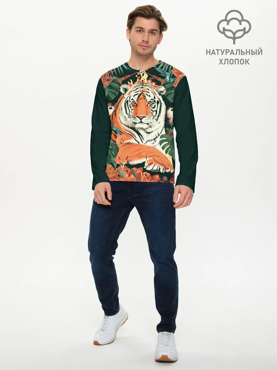 Мужской лонгслив базовый / Огненный Тигр в Цветах
