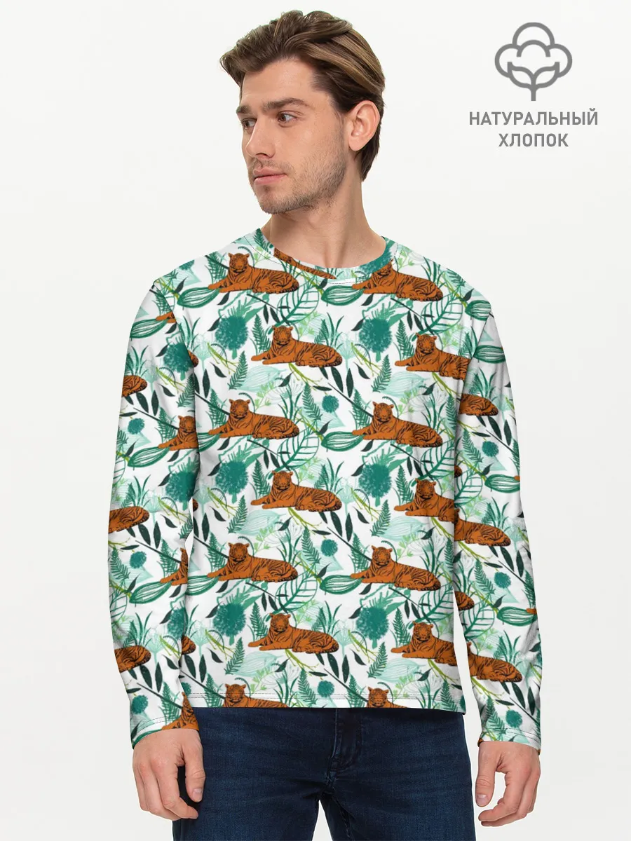 Мужской лонгслив базовый / Цветы и Тигр Паттерн