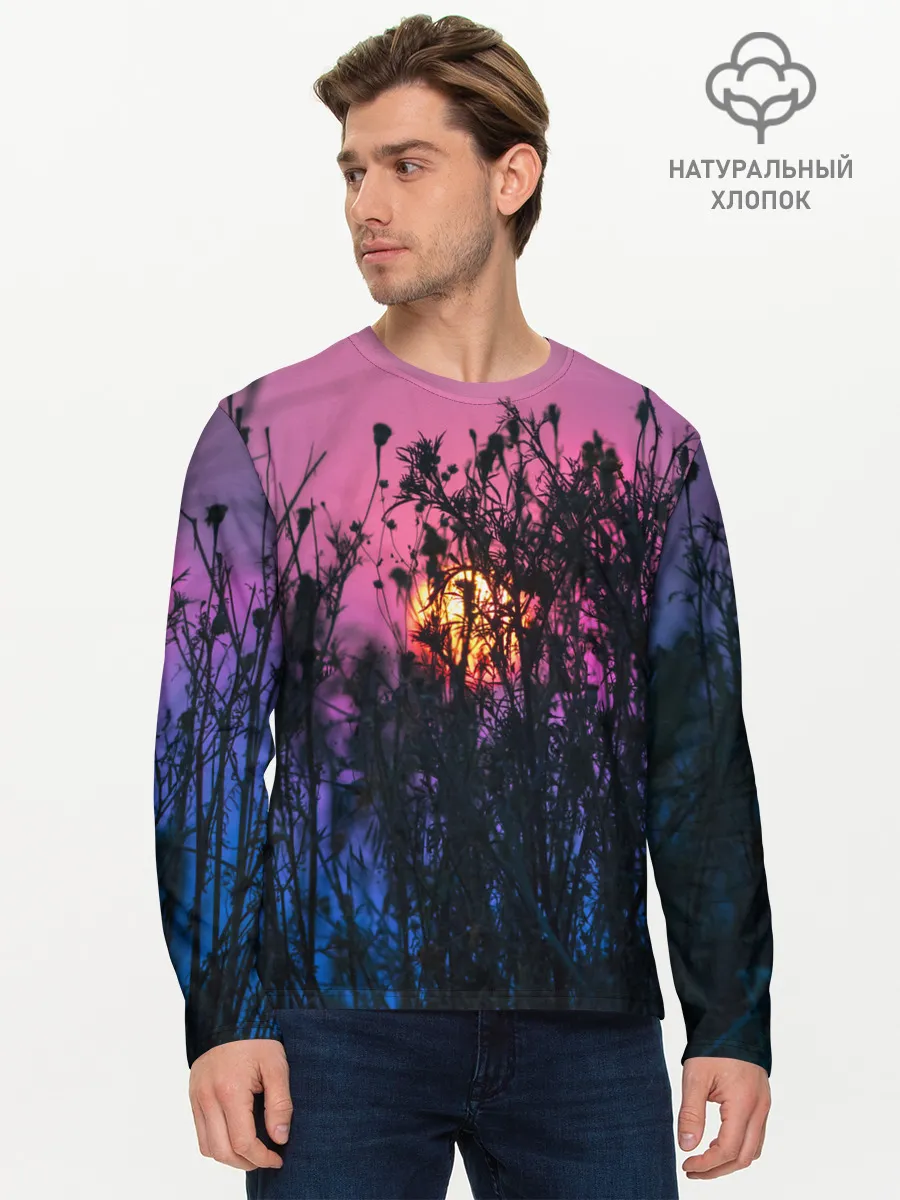 Мужской лонгслив базовый / Трава растения закатный свет