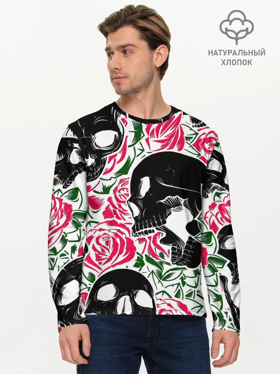 Мужской лонгслив базовый / Череп, розы, цветы, зубы