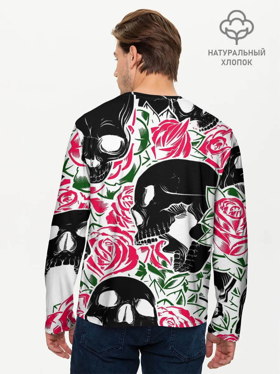 Мужской лонгслив базовый / Череп, розы, цветы, зубы