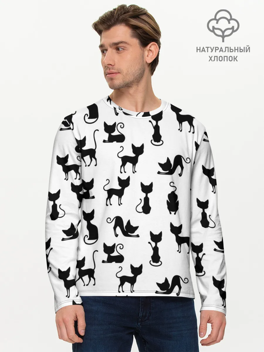 Мужской лонгслив базовый / КОШКИ БЕЛОЕ НА ЧЕРНОМ