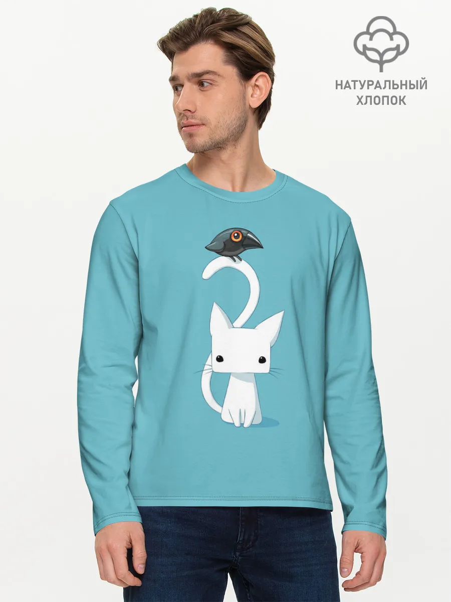 Мужской лонгслив базовый / Белый котик и воробушек