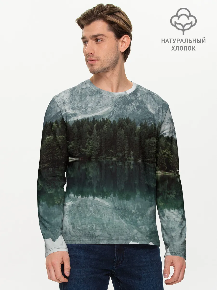 Мужской лонгслив базовый / отражение горы в озере
