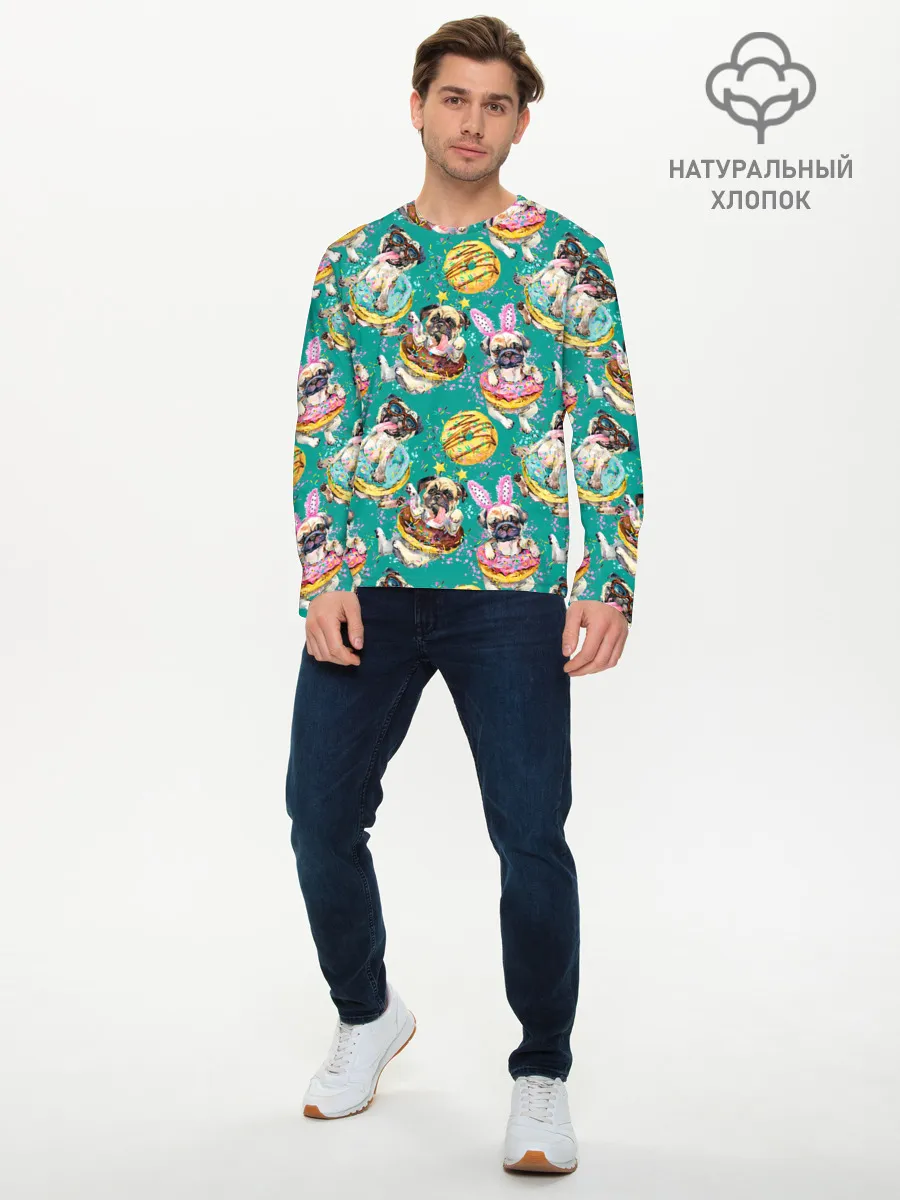 Мужской лонгслив базовый / Мопсы в пончиках
