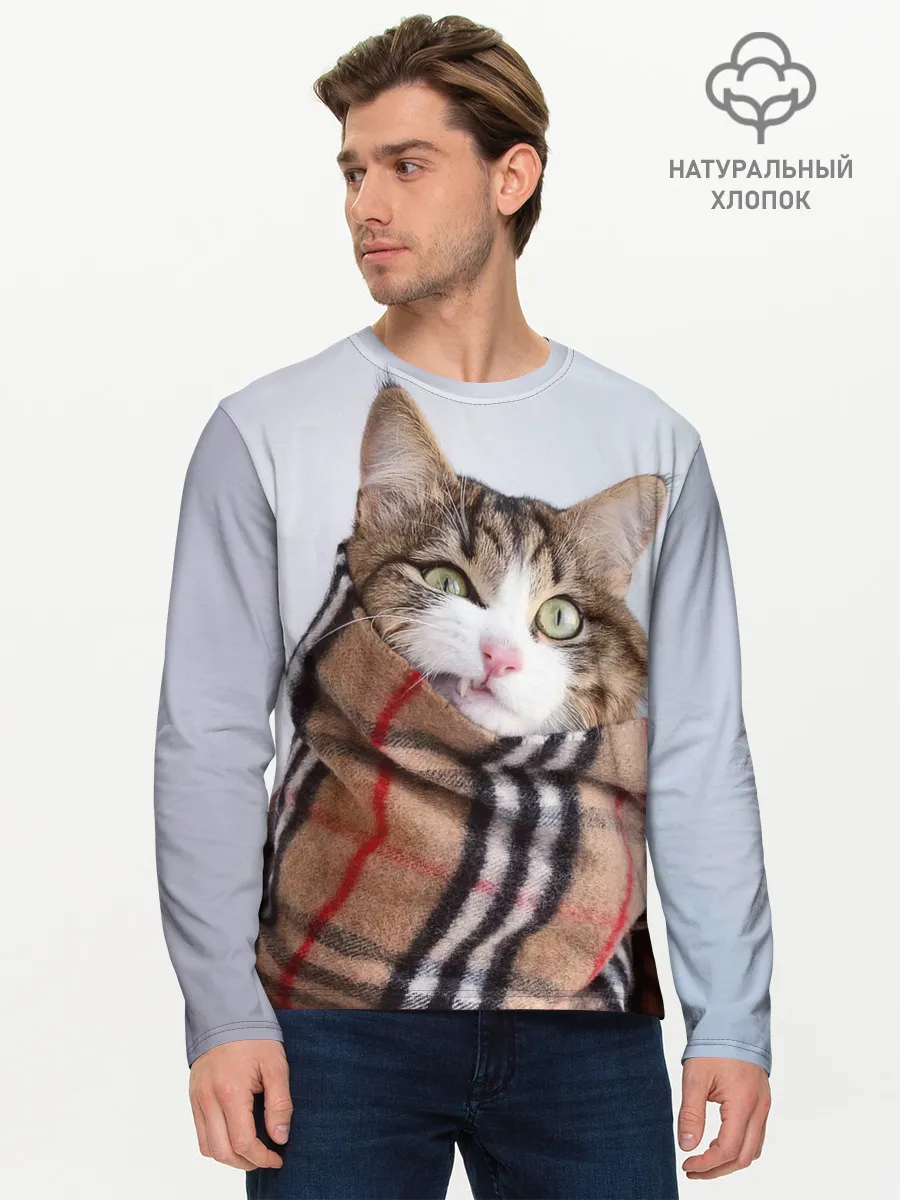 Мужской лонгслив базовый / Кот в шарфе