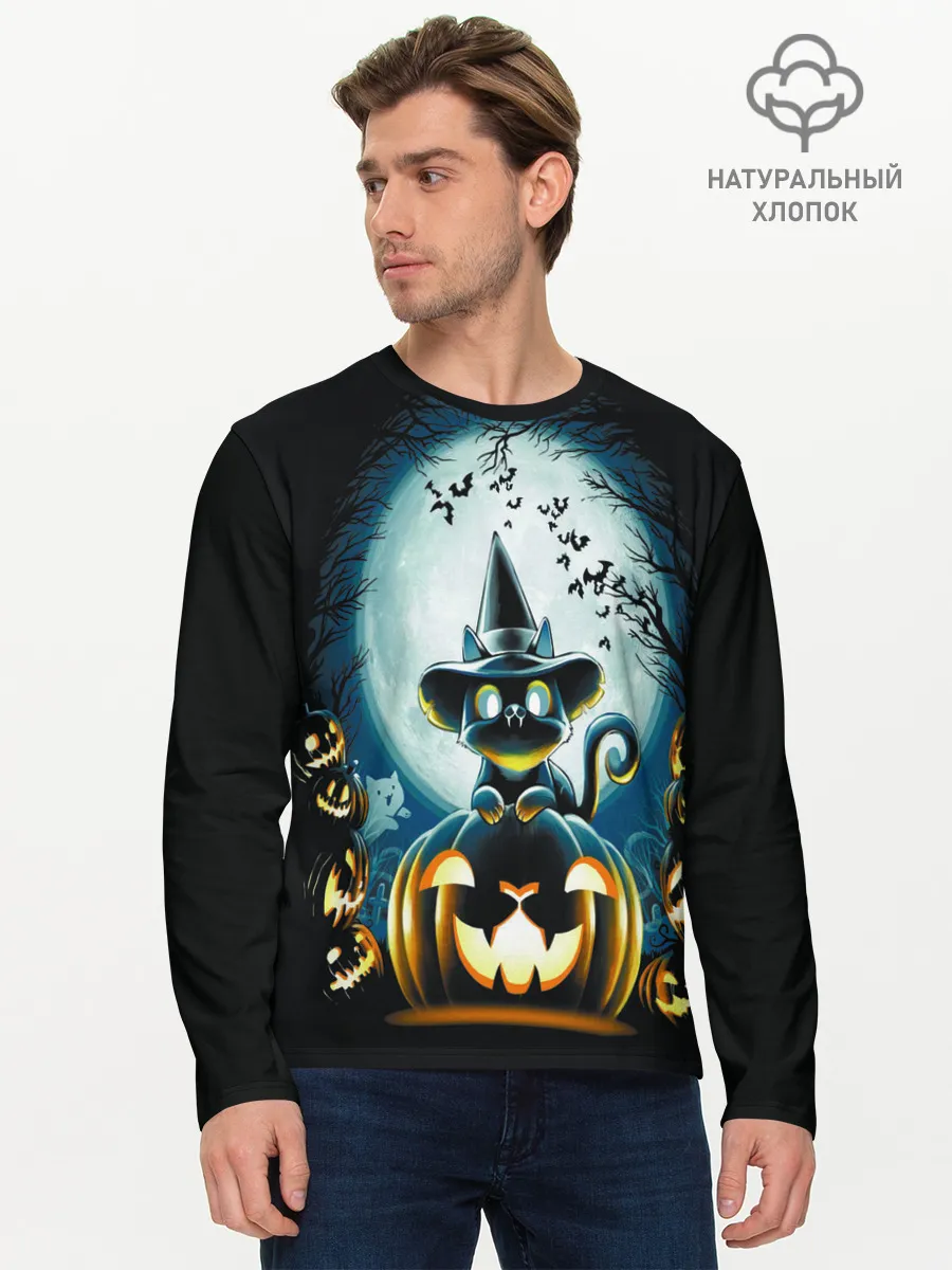 Мужской лонгслив базовый / Хэллоуин Кот