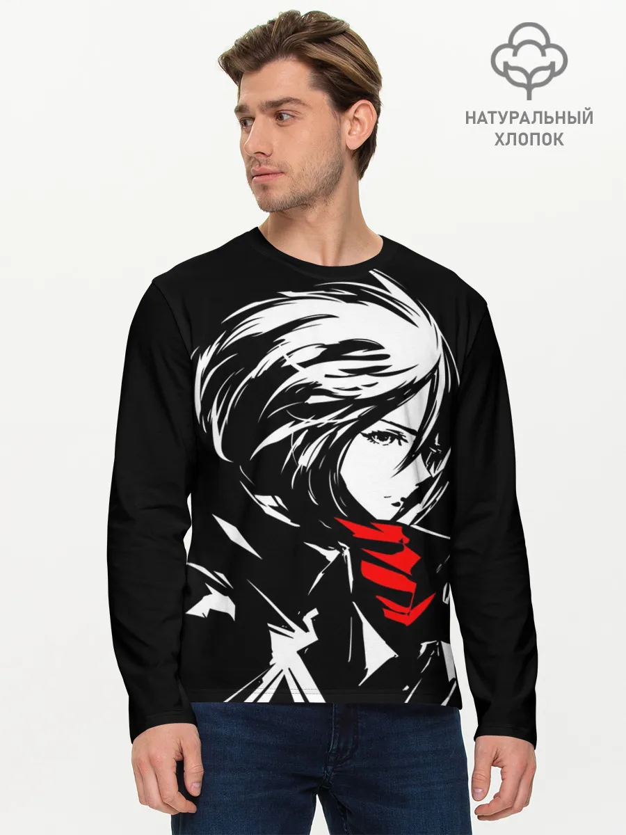 Мужской лонгслив базовый / Черно-белая Микаса Аккерман
