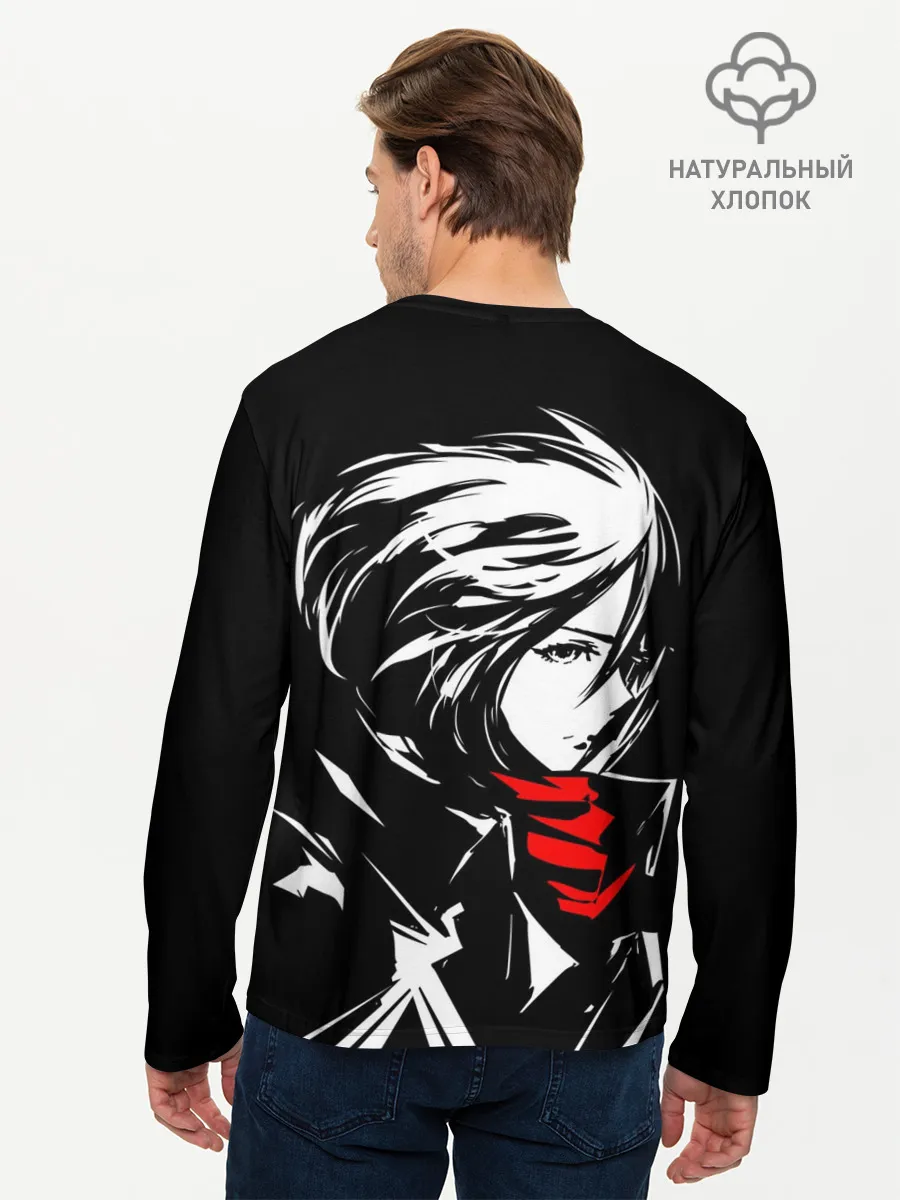 Мужской лонгслив базовый / Черно-белая Микаса Аккерман