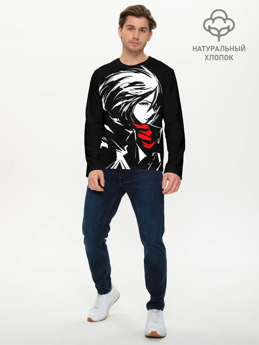 Мужской лонгслив базовый / Черно-белая Микаса Аккерман