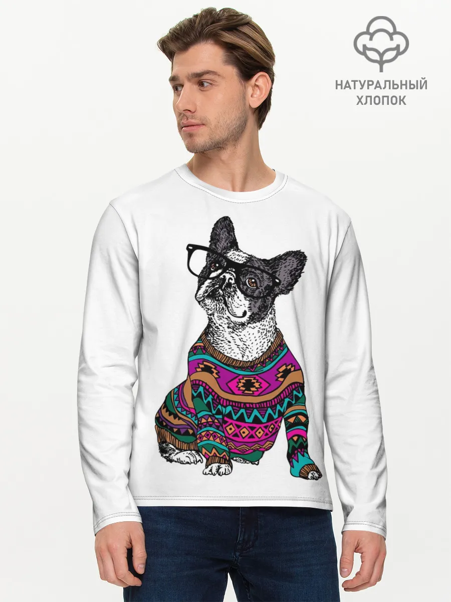 Мужской лонгслив базовый / Мопс Хипстер