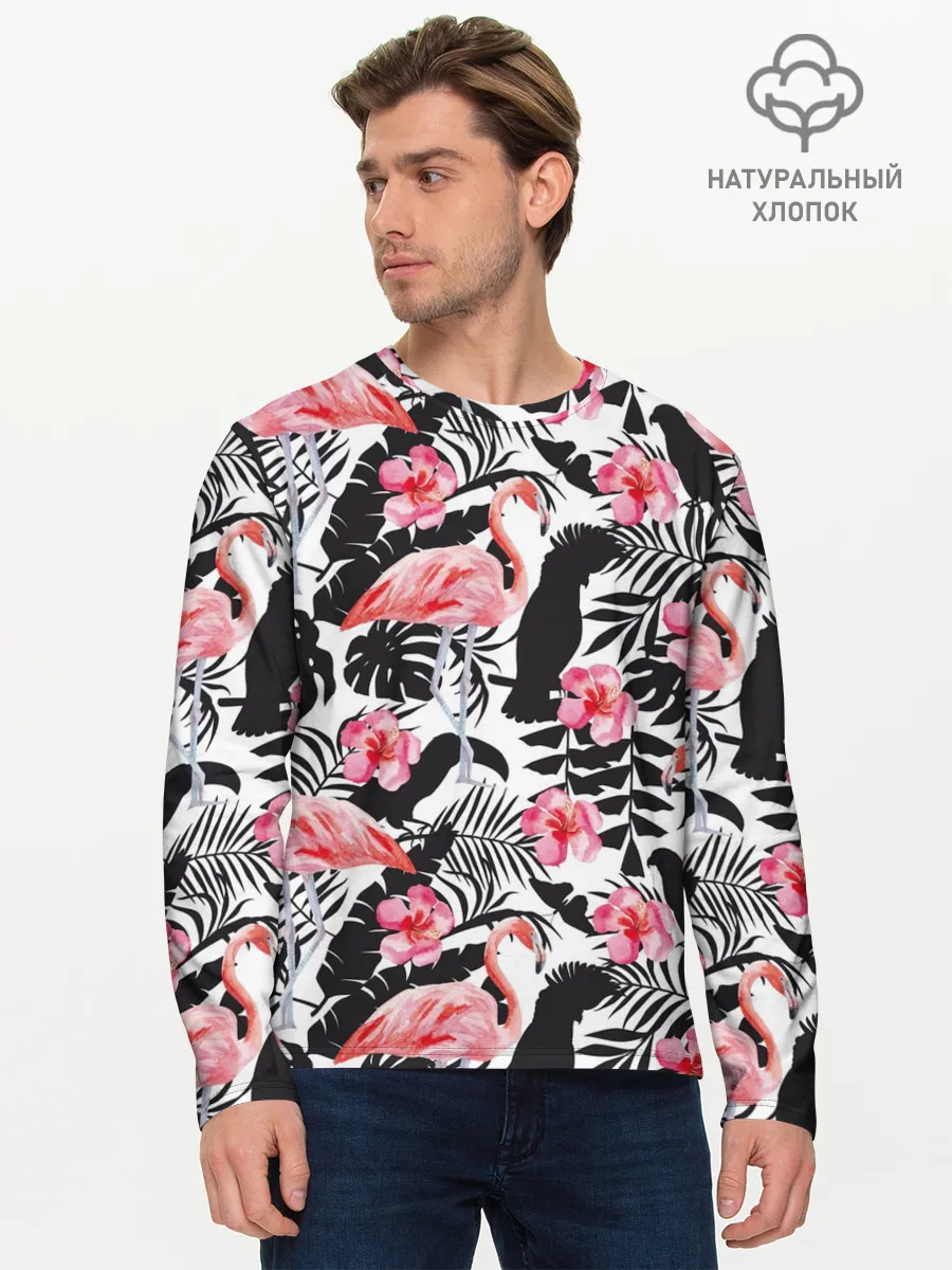 Мужской лонгслив базовый / фламинго и попугаи