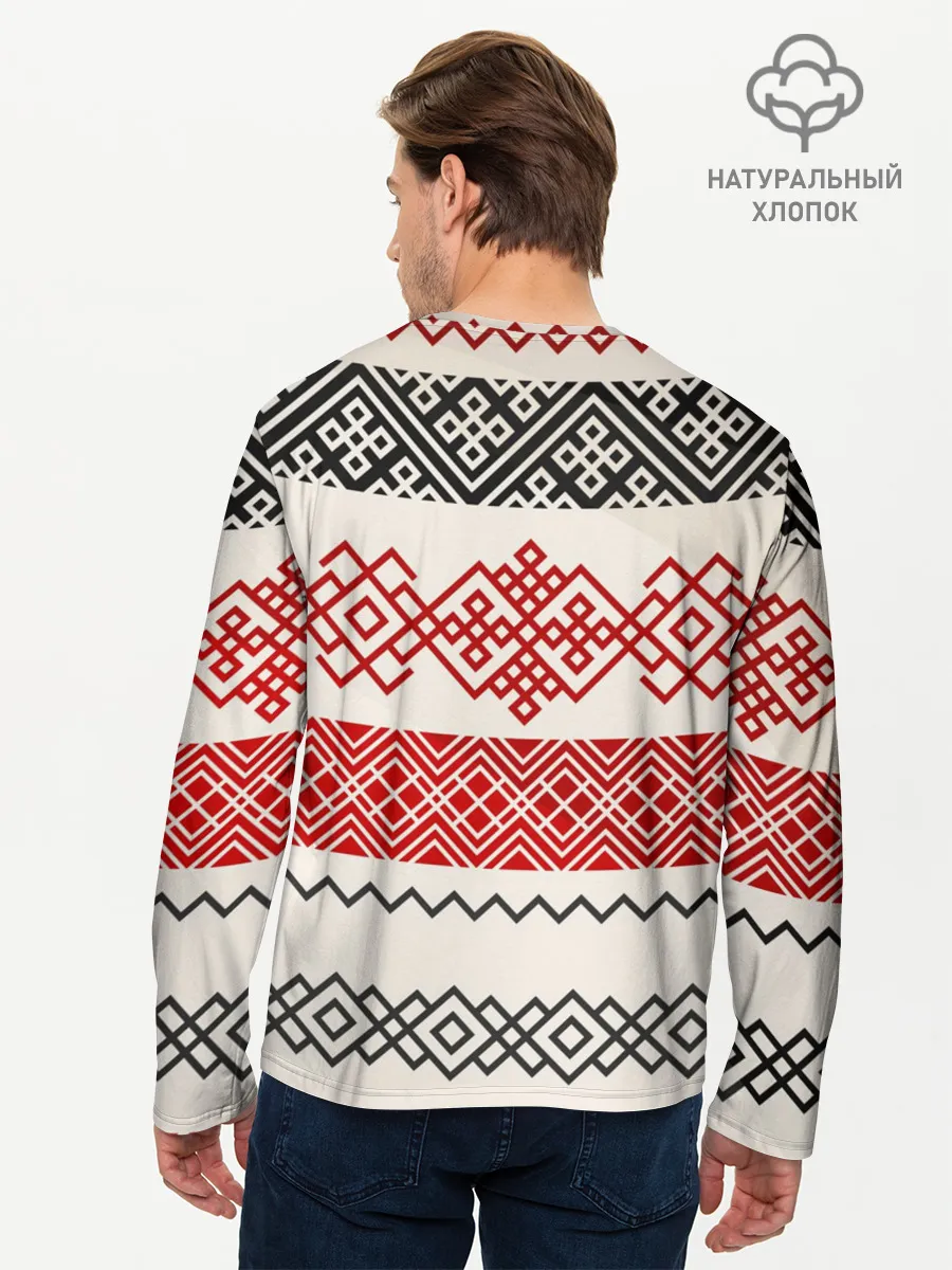 Мужской лонгслив базовый / Славянский узор красно-черный