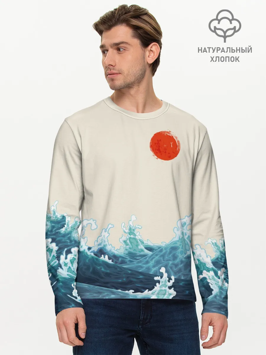 Мужской лонгслив базовый / Японский Стиль Волны и Солнце