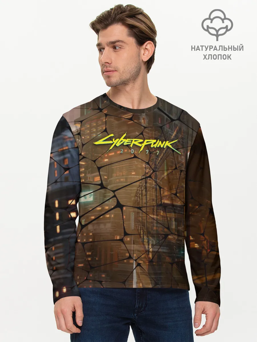 Мужской лонгслив базовый / Киберпанк - Город в паутинке