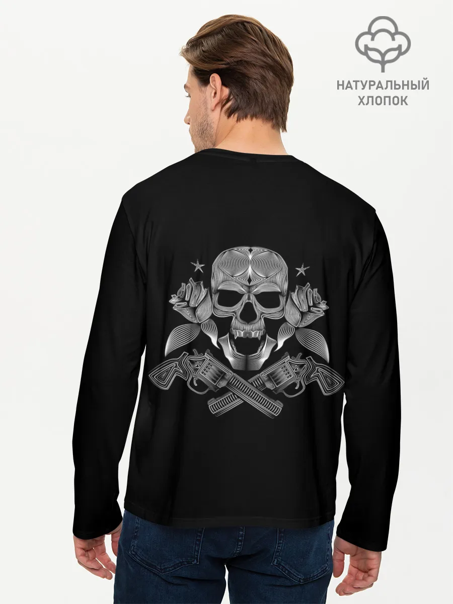 Мужской лонгслив базовый / Череп, розы, два ствола
