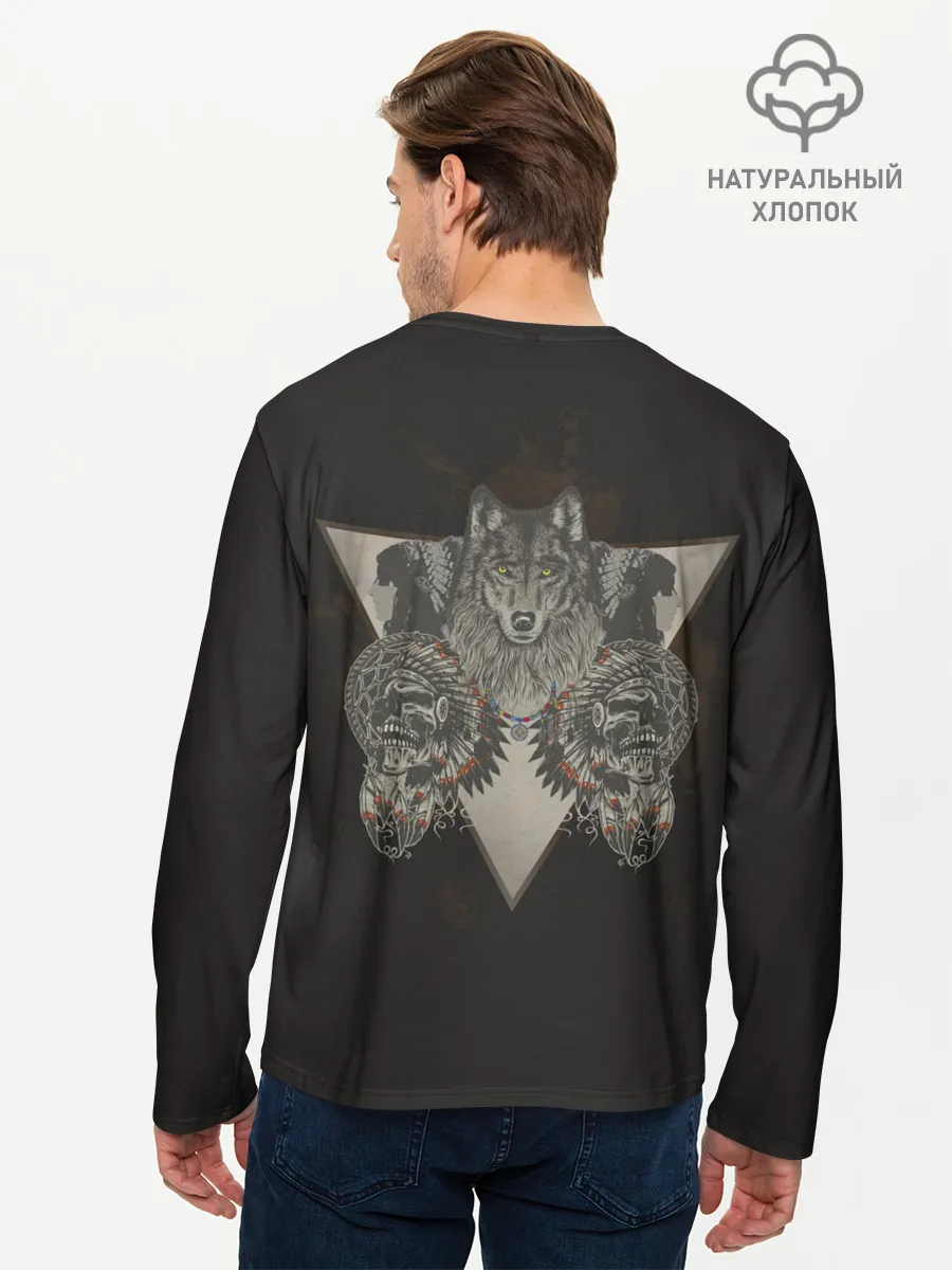 Мужской лонгслив базовый / Волк, черепа и индейцы