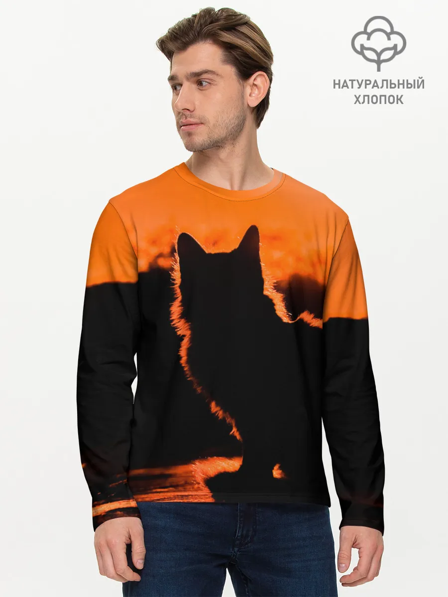 Мужской лонгслив базовый / Котенок на фоне заката